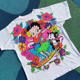 เสื้อยืดแขนสั้น ผ้าฝ้าย พิมพ์ลายอนิเมะ Betty Boop Miss American แฟชั่นฤดูร้อน สําหรับผู้ชาย และผู้หญิง