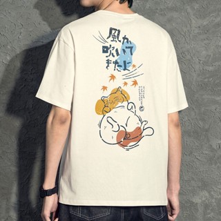 ผ้าฝ้าย 100% แมวแมวแขนสั้นเสื้อยืดผู้ชายและผู้หญิงฤดูร้อนน้ำแบรนด์เสื้อผ้าสไตล์ญี่ปุ่นแนวโน้มลมขี้เกียจนักเรียน แขนสั้น