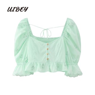 Uibey เสื้อเชิ้ตแขนพัฟ คอสี่เหลี่ยม ปักลาย แต่งระบาย แฟชั่นสําหรับสตรี 3701