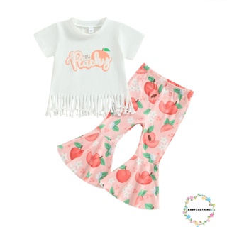 Babyclom- ชุดเสื้อยืดแขนสั้น พิมพ์ลายลูกพีช แต่งพู่ และกางเกงขาบาน ยืดหยุ่น แฟชั่นฤดูร้อน สําหรับเด็กผู้หญิง 2 ชิ้น