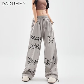 DaDuHey🎈 American Style Retro Straight Casual Pants Womens Summer Thin Elastic Waist Drawstring Hip Hop Graffiti Wide-Leg Cargo Pants
