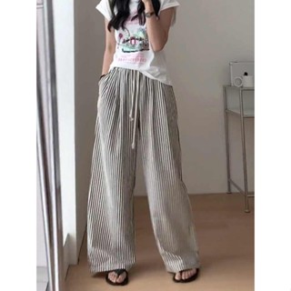 [สินค้าใหม่ ผ้าลายทาง] กางเกงขายาวลําลอง เอวสูง ทรงหลวม เข้ากับทุกการแต่งกาย สไตล์เกาหลี แฟชั่นฤดูใบไม้ร่วง สําหรับสตรี