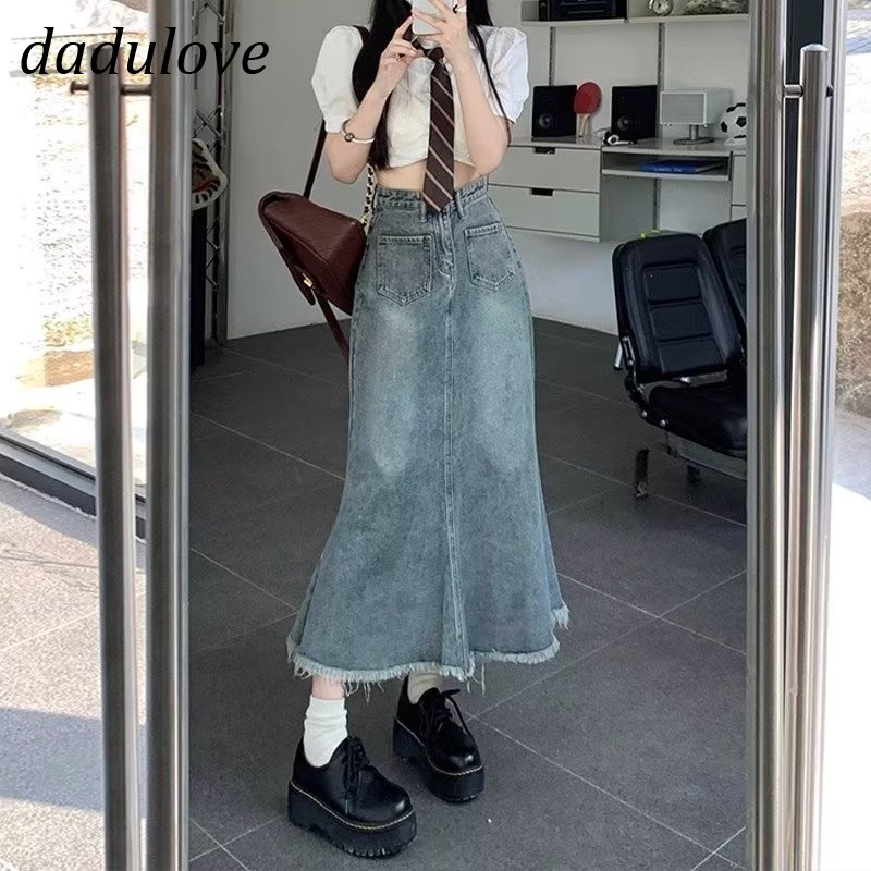 dadulove-new-american-ins-high-street-retro-denim-skirt-niche-high-waist-a-line-skirt-large-size-bag-hip-skirt