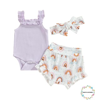 Babyclothes- ชุดรอมเปอร์ แขนกุด กางเกงขาสั้น พิมพ์ลายสายรุ้ง และที่คาดผม แฟชั่นฤดูร้อน สําหรับเด็กผู้หญิง