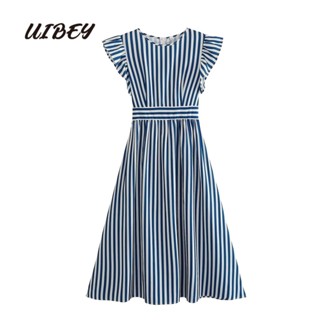 Uibey ชุดเดรส คอวี ลายทาง จับจีบ เอวยางยืด 4708