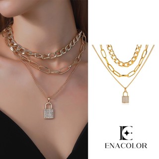 Enacolor สร้อยคอโซ่หนา จี้ล็อค 3 ชั้น สไตล์พังก์ วินเทจ