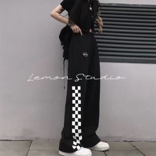 Lemon Studio กางเกงขายาว กางเกงขากว้าง กางเกงลำลองขาตรงลายตารางหมากรุกสีขาวดำ กางเกงนักเรียนเอวสูง 0047