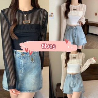 Elves✨พร้อมส่ง✨  เสื้อคลุมครอปสั้นไหมพรม ตาข่ายเล็กซีทรูเบาๆ เกาหลีมาก ~61600~