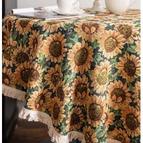 ผ้าปูโต๊ะ ผ้าฝ้าย และผ้าลินิน ลายภาพวาดสีน้ํามัน รูปดอกทานตะวัน ประดับพู่ สไตล์อเมริกัน สําหรับตกแต่งบ้าน โต๊ะทานอาหาร
