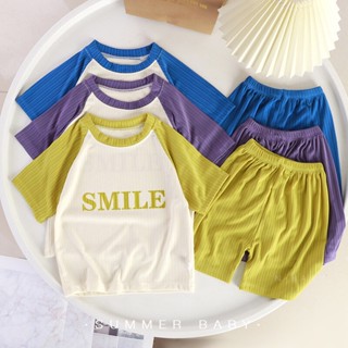 ชุดเด็กเสื้อแขนสั้น กางเกงขาสั้น ชุดเซท 2 ชิ้น ผ้าเรยอน ระบายอากาศ ลายsmile
