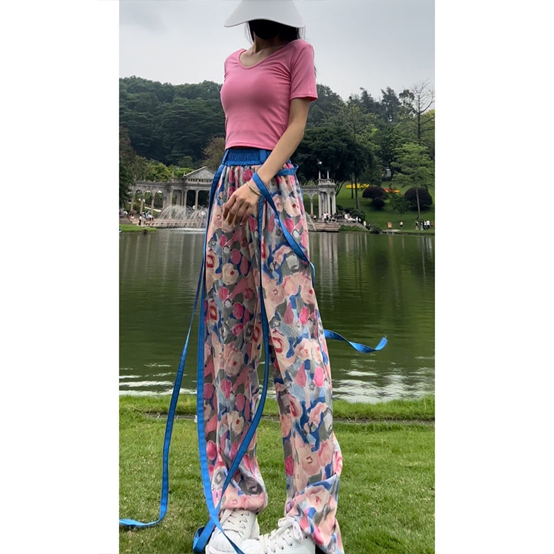 กางเกงลำลองสไตล์ชิวๆผู้หญิง2023ฤดูร้อนพิมพ์บางตรงกางเกงขากว้างกางเกงลำลองสไตล์เกาหลีไซส์ใหญ่