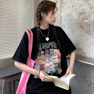 เสื้อยืดแขนสั้นลําลอง สีดํา สไตล์ฮ่องกงเรโทร อินเทรนด์ทันสมัย เหมาะกับฤดูร้อน สําหรับผู้หญิง