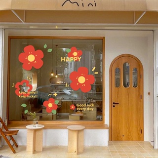 สติกเกอร์ ลายดอกไม้ สีแดง สําหรับติดตกแต่งกระจก หน้าต่าง ประตู ร้านค้า
