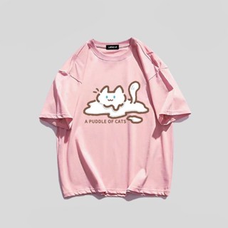 สีขาว ใหม่ 100% ผ้าฝ้ายแขนสั้นเสื้อยืดหญิงฤดูร้อนแมวน่ารักพิมพ์เสื้อยืดสีขาวแนวโน้ม แขนสั้น