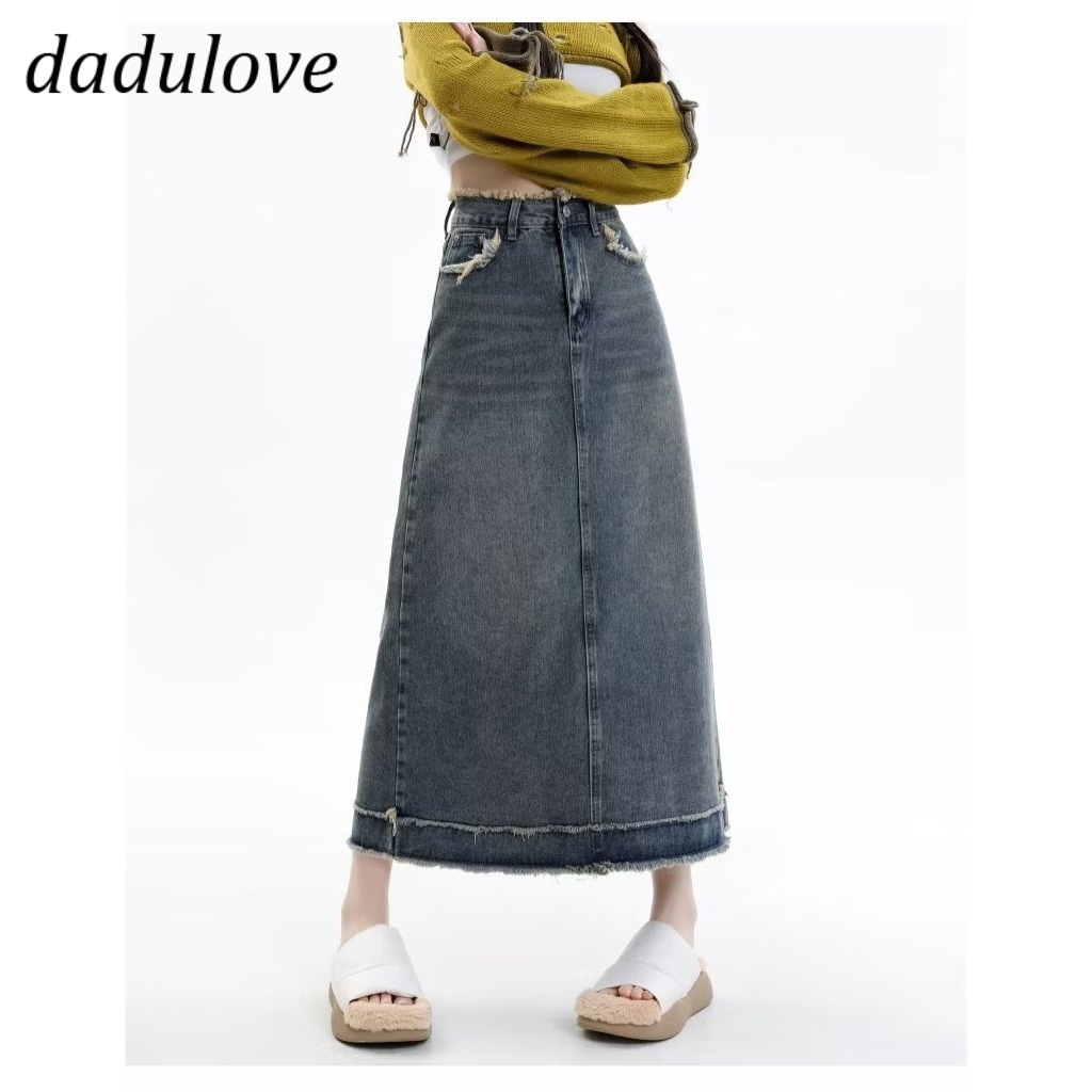 dadulove-new-korean-version-of-ins-retro-raw-edge-denim-skirt-niche-high-waist-a-line-skirt-package-hip-skirt