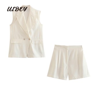 Uibey เสื้อแขนกุด คอปก และกางเกงขาสั้น จับจีบ แฟชั่น 7654