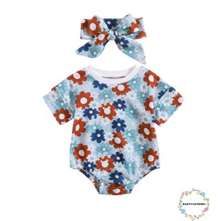 Babyclothes- ชุดรอมเปอร์ แขนสั้น พิมพ์ลายดอกไม้ ตัวอักษร 4 กรกฎาคม พร้อมที่คาดผมโบว์ แบบยืดหยุ่น แฟชั่นฤดูร้อน สําหรับเด็กผู้หญิง