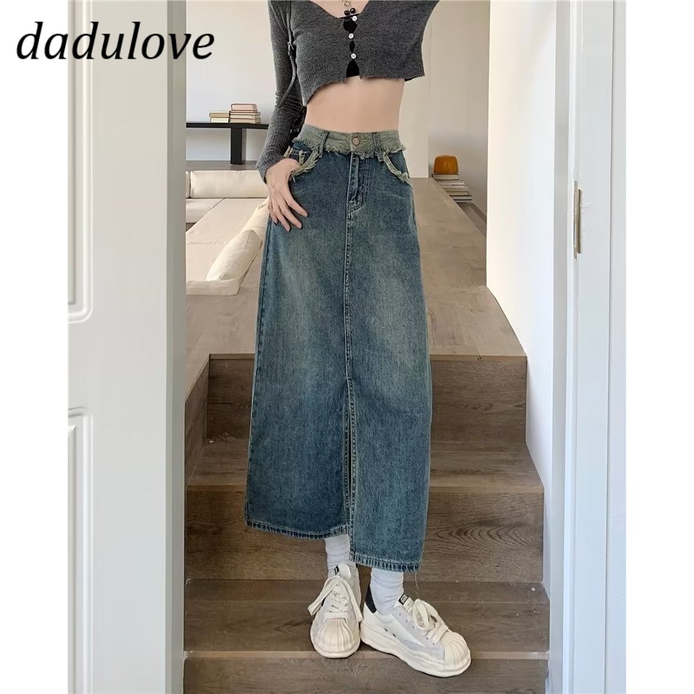 dadulove-new-american-ins-high-street-retro-slit-denim-skirt-niche-high-waist-a-line-skirt-large-size-bag-hip-skirt