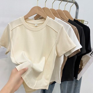 เสื้อยืดคอกลม แขนสั้น ผ้าฝ้าย แบบเข้ารูป ยืดหยุ่นสูง แฟชั่นฤดูร้อน สําหรับผู้หญิง 2023