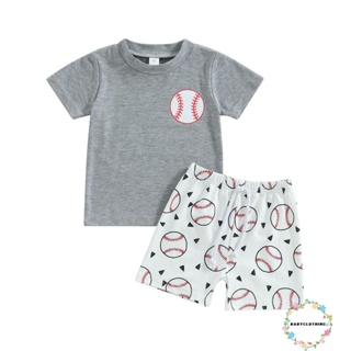 Babyclothes- ชุดเสื้อยืด แขนสั้น พิมพ์ลายเบสบอล และกางเกงขาสั้น ผ้ายืด แฟชั่นฤดูร้อน สําหรับเด็กผู้ชาย 2 ชิ้น