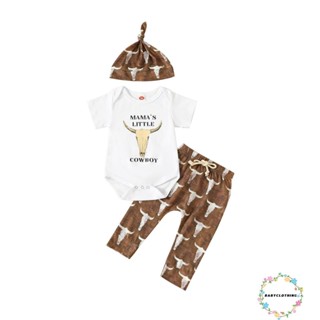 Babyclothes- ชุดรอมเปอร์ แขนสั้น พิมพ์ลายตัวอักษร และกางเกง พิมพ์ลายหัววัว และหมวก แฟชั่นฤดูร้อน สําหรับเด็กผู้ชาย