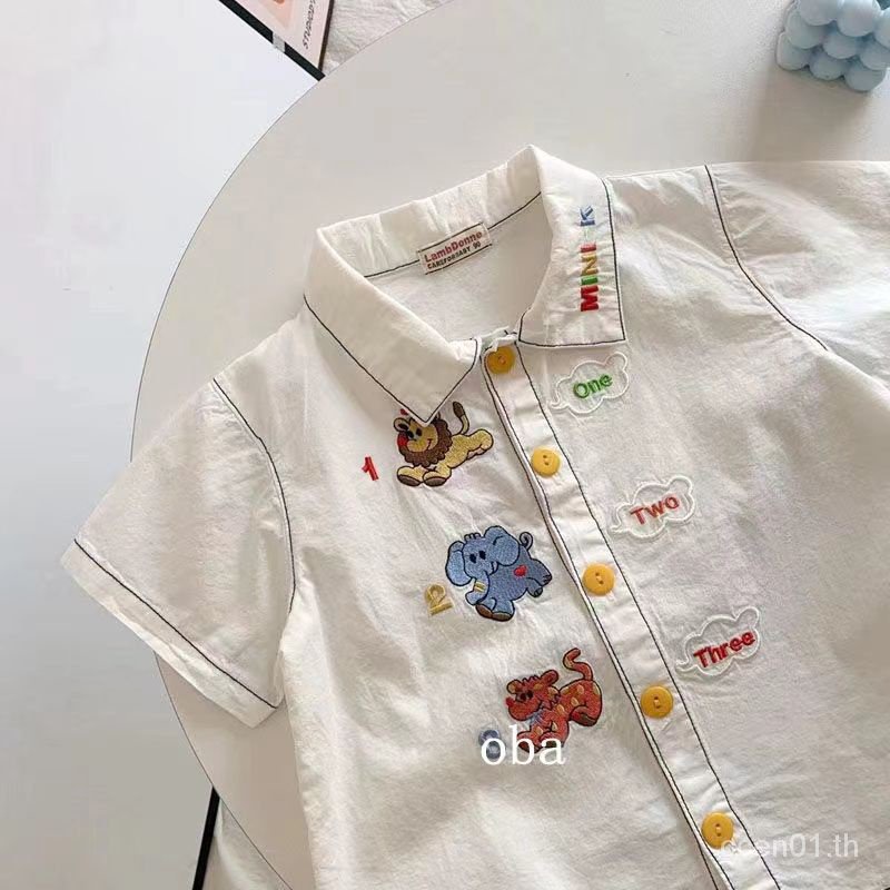 เสื้อเชิ้ตเด็กเล็กสุดน่ารัก-เสื้อเชิ้ต-คอปกโปโล-ปักลายการ์ตูน-สีขาว-แฟชั่นฤดูร้อน-สไตล์ญี่ปุ่น-สําหรับเด็กผู้ชาย