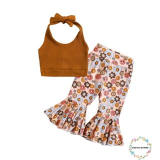 Babyclothes- เสื้อผ้าเด็กผู้หญิง ฤดูร้อน สีพื้น ถักซี่โครง ผูกเชือกคล้องคอ เสื้อกล้าม + กางเกงบาน พิมพ์ลายดอกไม้ 2 ชิ้น