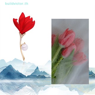 Buildvictor เข็มกลัด รูปดอกทิวลิป ประดับมุก พลอยเทียม สีแดง หรูหรา เครื่องประดับ สําหรับผู้หญิง งานแต่งงาน ปาร์ตี้ ป้ายเสื้อผ้า TH