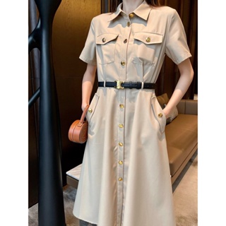 WDLN CEL Beaute 2023 spring and summer New lapel short-sleeved trench dress womens Arc de Triomphe metal buckle waist-tight large skirt dress for women