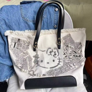 กระเป๋าถือ กระเป๋าสะพายไหล่ ผ้าแคนวาส ปักลาย Hello Kitty Y2K แบบพกพา สําหรับเด็กผู้หญิง