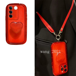 Phone Case for VivoV27 VIVO V27e V27 Pro X90 X80 X70 Pro 5G เคส Red Elegant Heart-shaped Bracket Leather Lanyard Casing VIVO V27 5G Shockproof Silicone Soft Cover เคสโทรศัพท