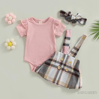 Babygarden-0-18 เดือน ชุดรอมเปอร์ แขนสั้น + กระโปรง ลายสก๊อต + ที่คาดผม สําหรับเด็ก