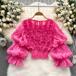 เสื้อยืดลําลอง แขนสั้น ผ้าชีฟอง เอวสูง ทรงโคมไฟ เข้ารูป แต่งลูกไม้ สีพื้น เซ็กซี่ แฟชั่นฤดูร้อน สําหรับสตรี