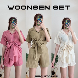 BKL พร้อมส่ง JU2001 WOONSEN SET ชุดเซตเสื้อโบว์เอว กางเกงขาสั้น ปล่อยชายหรือทับในได้ กางเกงหลังสมอค มีกระเป๋า2ข้าง