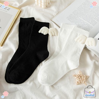 COCOFRUIT ถุงเท้ายาว ถุงน่อง ผ้าถัก แบบยืดหยุ่น สีดํา สีขาว สไตล์สตรีท สําหรับเด็กผู้หญิง