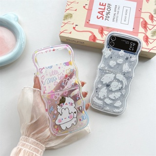 เคสโทรศัพท์มือถือแบบนิ่ม ใส ลายกระต่ายกราฟฟิตี้ พร้อมสายคล้องข้อมือ สีขาว สําหรับ Samsung Galaxy Z Flip 4 3 5 5G Z Flip 3 Flip5 Flip4
