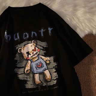 การ์ตูน เสื้อยืดแขนสั้นพิมพ์ลายการ์ตูนหมีย้อนยุคสไตล์อเมริกันในกระแสลมแฟชั่นผ้าฝ้าย น่ารัก