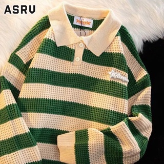 ASRV เสื้อกันหนาวสำหรับผู้ชายและผู้หญิง คอปกโปโล ทรงหลวม ลายทาง สไตล์ญี่ปุ่น แฟชั่นเรโทร