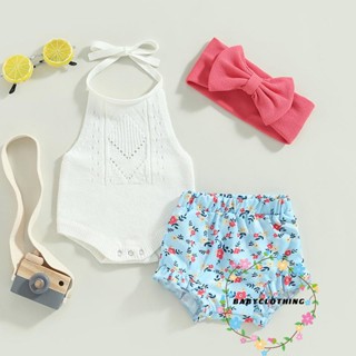 Babyclothes- ชุดรอมเปอร์ แขนกุด ผ้าถัก ลายดอกไม้ พร้อมกางเกงขาสั้น ที่คาดผม ฤดูร้อน สําหรับเด็กผู้หญิง