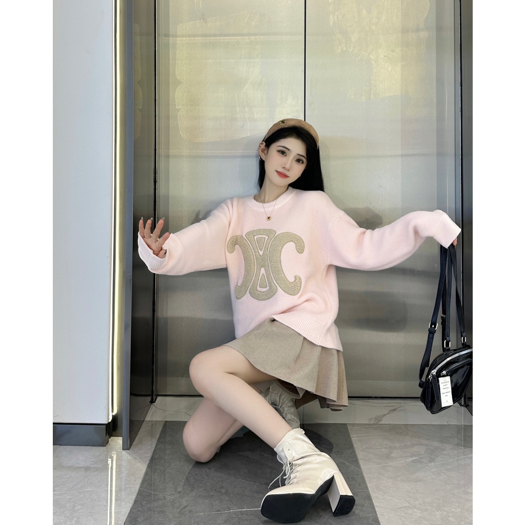 24cv-cel-beaute-2023-autumn-and-winter-new-arc-de-triomphe-towel-embroidery-pattern-pink-imitation-mink-long-sleeve-pullover-sweater-womens-sweater