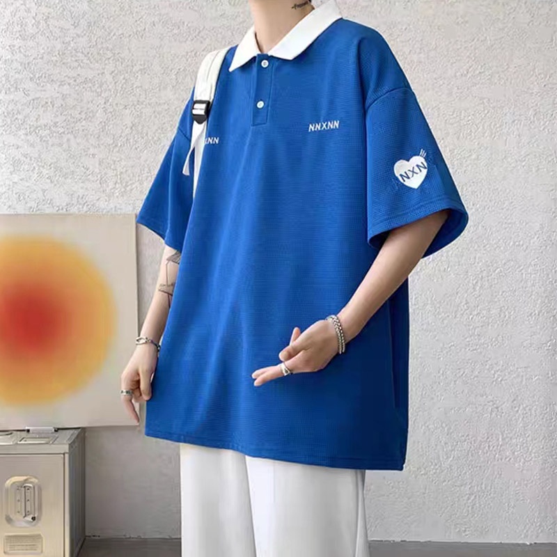 esea-เสื้อยืดผู้ชาย-ลำลอง-เทรนด์อเมริกัน-หลวม-ผู้ชาย-แขนสั้น-วาฟเฟิล-นักเรียน-แฟชั่น-คอโปโล-เสื้อยืดผู้ชาย