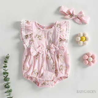 Babygarden- ชุดรอมเปอร์ คอกลม แขนแต่งลูกไม้ ลายดอกไม้ พร้อมที่คาดผม สีชมพู แฟชั่นฤดูร้อน สําหรับเด็กผู้หญิง 3-24 เดือน