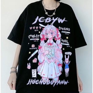 【hot sale】น่ารักการ์ตูนสาวหวานญี่ปุ่น Streetwear Ulzzang ย้อนยุคหลวมฤดูร้อนใหม่สุภาพสตรีเสื้อยืด