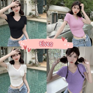 Elves✨พร้อมส่ง✨ เสื้อไหมพรมแขนสั้นคอวี ซีทรูเบาๆน่ารักกำลังดี ~M5916~ -C