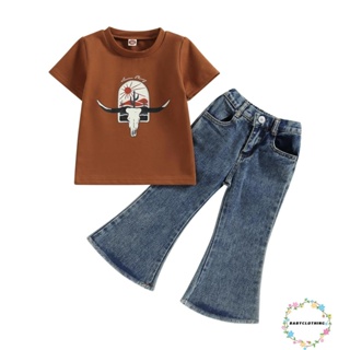Babyclom- ชุดเสื้อแขนสั้น สีน้ําตาล พิมพ์ลายวัว และกางเกงยีนขาบาน แฟชั่นฤดูร้อน สําหรับเด็กผู้หญิง