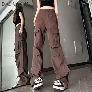 DaDuHey🎈 New Korean Style Ins Retro Multi-Pocket Overalls Womens High Waist Casual Wild Wide-Leg Pants Trousers