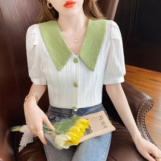 Classy .girl～เสื้อเชิ้ต  หลากสีปลอกคอตุ๊กตาเสื้อแขนสั้นฟอง  เวอร์ชั่นเกาหลีสดชื่นหวานและมีสไตล์ย้อน ยุเสื้อเชิ้ต#DZ00370
