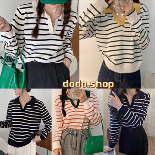 DODO**พร้อมส่ง*สินค้าใหม่พร้อมส่ง!! เสื้อแขนยาว คอปกลายทาง ผ้าไหมพรม สไตล์เกาหลี มีหลายสีให้เลือก(81018-1)