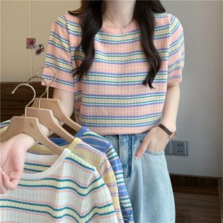 (พร้อมส่ง/ใหม่)#47212เสื้อยืดแขนสั้นผู้หญิงเสื้อไหมพรมคอกลมลายทางสไตล์เกาหลี