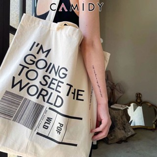 Camidy กระเป๋าผ้าแคนวาสอเนกประสงค์ไหล่เดียวแบบพกพาความจุขนาดใหญ่ตัวอักษรเรียบง่ายกระเป๋าผ้าลำลอง